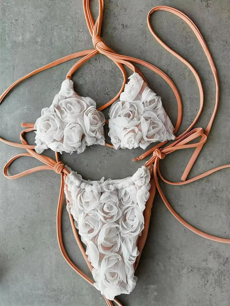 2025 New Sexy Micro Low Waist Bikini Sets Solid Swimwear Women Swimsuit Strappy Brazilian Floral Beachwear Bathing Suit biquini