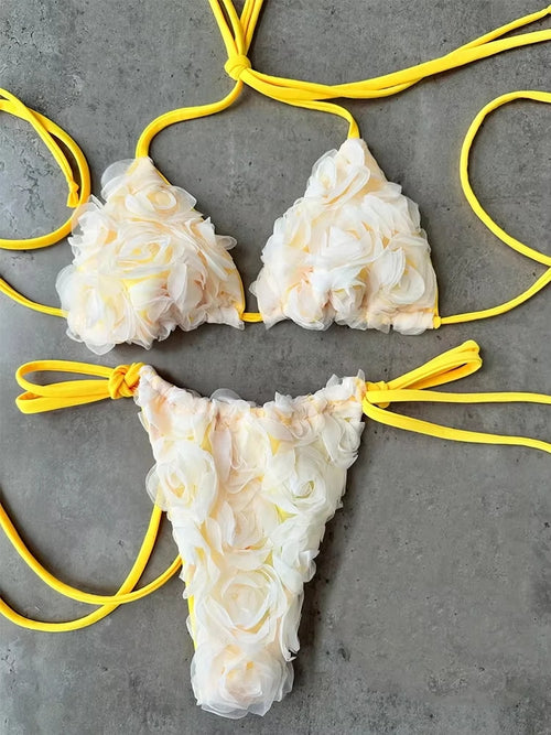 2025 New Sexy Micro Low Waist Bikini Sets Solid Swimwear Women Swimsuit Strappy Brazilian Floral Beachwear Bathing Suit biquini