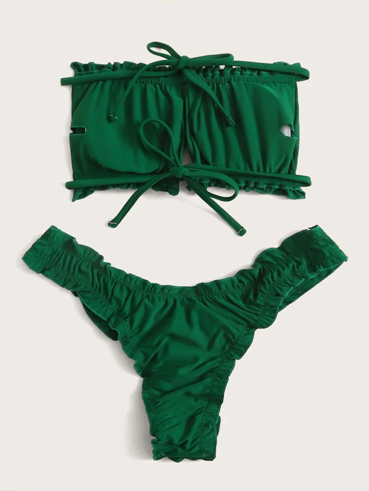 Swim Summer Beach Ruched Lettuce Trim Bandeau Bikini Set